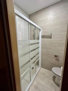 ein Bad mit einer Dusche und einem WC in der Unterkunft Atocha Ferrocarril 5 in Madrid