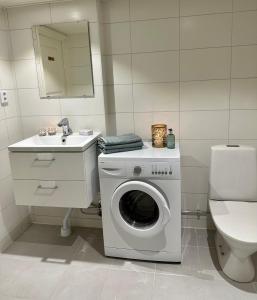 a bathroom with a washing machine and a sink at Nyrenoverat boende i villaområde in Gävle