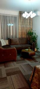 un soggiorno con divano marrone e tavolo di Borena a Palanga