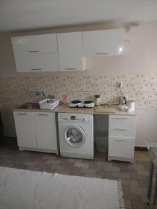 a kitchen with a sink and a washing machine at Domek sezonowy in Konikowo