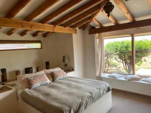 1 dormitorio con cama y ventana grande en Posada Portal del Sol, en Maitencillo