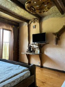1 dormitorio con 1 cama y TV en la pared en Zelenyj Raj, en Pashkivtsi