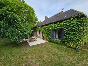 una casa cubierta de hiedra verde junto a un patio en La Crocherie : Gîte des Elfes - Free Wifi & Smart TV, en Beaumont-Pied-de-Boeuf