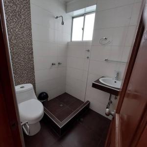 a small bathroom with a toilet and a sink at Casa completa, 5 dormitorios y jardín in Ayacucho