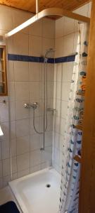 uma casa de banho com chuveiro e cortina de chuveiro em Ferienhaus Fernblick em Fraxern