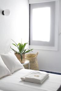 een slaapkamer met een bed met een raam en een plant bij First line in Puerto Banus (Primera linea) in Marbella