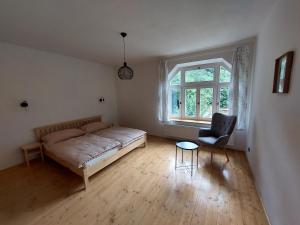 1 dormitorio con 1 cama, 1 silla y 1 ventana en Chalupa U Studánky en Holany