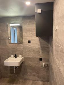 a bathroom with a sink and a mirror at Uhiuus Mai tänava korter in Pärnu