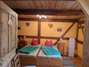 een slaapkamer met 2 bedden in een kamer met houten plafonds bij NaturflairHaus in Königstein an der Elbe