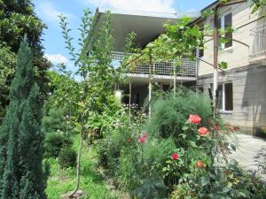a garden in front of a house with roses at KOTE.GE in Lagodekhi