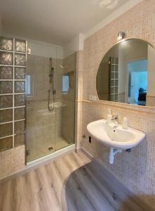 y baño con lavabo y ducha. en Novecento Charming Room, en Avigliana