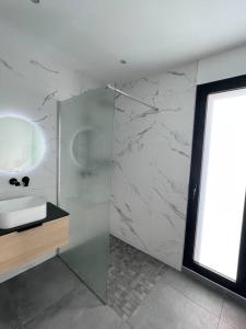 a bathroom with a sink and a glass shower at Cocoon Love avec piscine privative in Saint-Louis