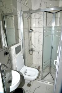 uma casa de banho com um WC e uma cabina de duche em vidro. em Royal Sürmeli Suite em Istambul