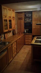 a kitchen with wooden cabinets and a counter top at NaturflairHaus in Königstein an der Elbe