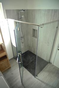 W łazience znajduje się prysznic ze szklanymi drzwiami. w obiekcie Mahebourg Family Home w mieście Mahébourg