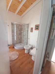 a bathroom with a shower and a toilet and a sink at Las Igoa in Carmelo