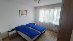 a bedroom with a bed with blue sheets and a window at Casa Franceschini in Locarno