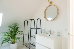 La salle de bains est pourvue d'un lavabo, d'un miroir et d'une plante. dans l'établissement Maison avec vue sur Loire proche de Chambord, à Saint-Dyé-sur-Loire