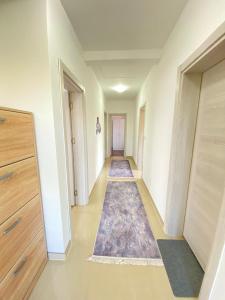einen leeren Flur mit Teppichen auf den Böden eines Gebäudes in der Unterkunft Home Mia 2 bedroom apartment in Podgorica