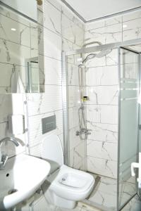 a bathroom with a shower and a toilet and a sink at Royal Sürmeli Suite in Istanbul