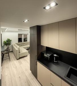 a kitchen and living room with a couch and a table at Welcome City Centre Apartments in Klaipėda
