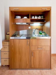 uma cozinha com um lavatório e armários de madeira em Villa Kostoula Mini house em Karavomylos