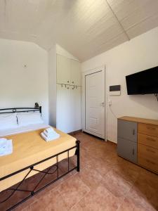 1 dormitorio con 1 cama y TV en la pared en Villa Kostoula Mini house en Karavomylos