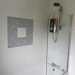a bathroom with a shower with a glass door at Bluebell House in Newry
