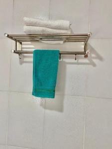 a towel rack in a bathroom with a green towel at Hotel Amayal in Puerto Iguazú