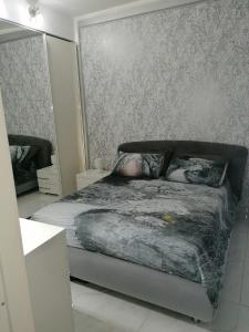 1 dormitorio con 1 cama con pared gris en Fiumicino Aeroporto Casa Vacanze Papaveri en Fiumicino