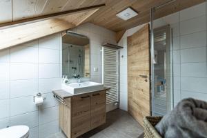 a bathroom with a sink and a shower at Trollenhof im Allgäu - Ferienwohnungen Säuling in Rückholz
