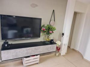 a living room with a large flat screen tv at יחידת דיור (חדר וחצי) - גינה פרטית, חנייה חופשית ! in Herzliya