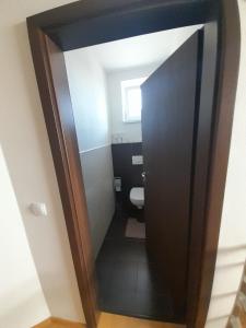 パヴロフにあるUbytování Lehockáのバスルーム(黒いドア、トイレ付)