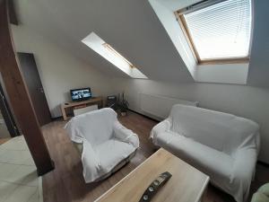 ein Wohnzimmer mit 2 weißen Stühlen und einem TV in der Unterkunft Ubytování Hana Foltýn in Pavlov