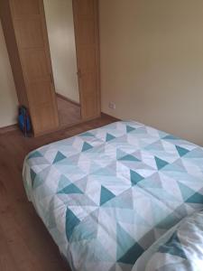 a bedroom with a bed with a geometric pattern on it at Willows Retreat in Dublin
