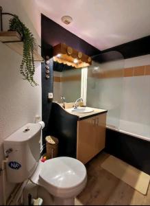 a bathroom with a white toilet and a sink at Le Cosy Liberty in Ustou
