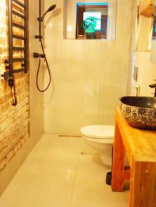 La salle de bains est pourvue de toilettes, d'un lavabo et d'une douche. dans l'établissement Klimatyczne studio z parkingiem, à Katowice