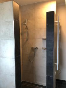 a bathroom with a shower with a glass door at Ferienhof-Micheel-Haeuser-bis-7-Personen in Gammendorf