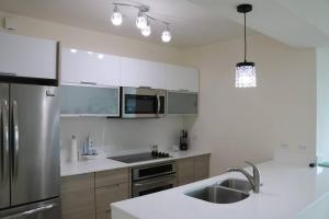a kitchen with a stainless steel refrigerator and a sink at 09B Perfect 1-bedroom apartment with stunning view in ArraijÃ¡n