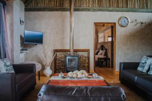 ein Wohnzimmer mit einem Sofa und einem Kamin in der Unterkunft Aloe Ridge in Swellendam