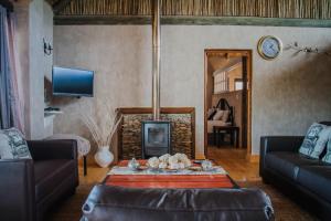 a living room with a couch and a fireplace at Aloe Ridge in Swellendam
