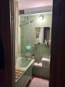 a green bathroom with a tub and a sink at Cozy self check-in private room in the city centre in Mažeikiai