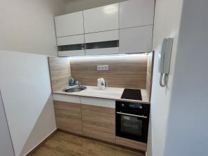 a small kitchen with a sink and a refrigerator at Szeged D&oacute;m-Sellőh&aacute;z Apartman in Szeged
