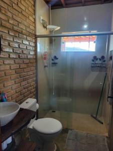 a bathroom with a shower and a toilet and a sink at Chalés Bela Vista in São Thomé das Letras