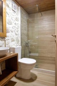 a bathroom with a toilet and a glass shower at Pool Villa Leonidas Crete in Stíronas