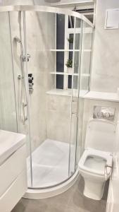 ロンドンにある2 Bedroom Apartment in Regents Parkの白いバスルーム(シャワー、トイレ付)