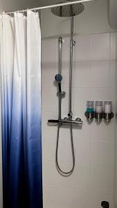 eine Dusche im Bad mit einem blauen Duschvorhang in der Unterkunft Westfjords - Rooms in Bolungarvík