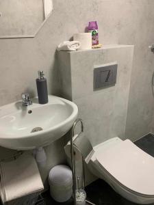 a bathroom with a white sink and a toilet at Wiejska 21 in Ruciane-Nida