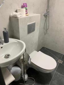 Łazienka z białą toaletą i umywalką w obiekcie Wiejska 21 w mieście Ruciane-Nida