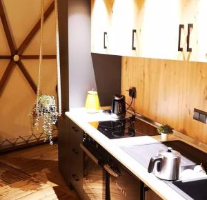 a kitchen with a stove and a counter top at In out superior glamping in Antalya